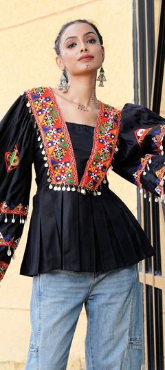 Black and Grey color Kurti in Cotton fabric with Embroidered, Mirror work