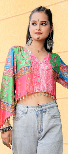 Multicolor color Tops and Shirts in Chinon Silk fabric with Bandhej, Embroidered, Mirror, Printed work