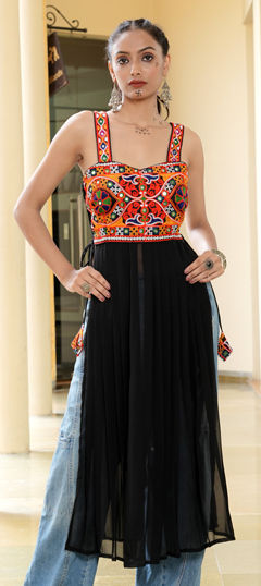 Black and Grey color Kurti in Georgette fabric with Embroidered, Mirror work