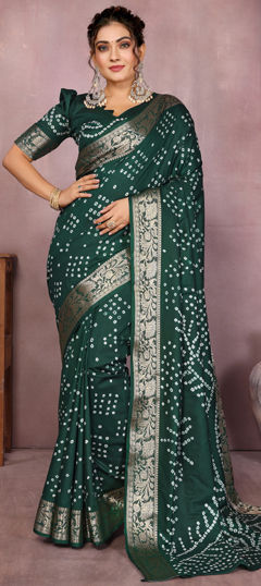 Green color Saree in Art Silk fabric with Bandhej, Printed work