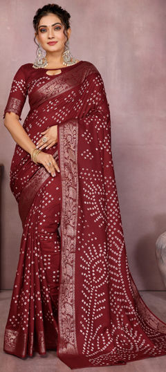 Red and Maroon color Saree in Art Silk fabric with Bandhej, Printed work