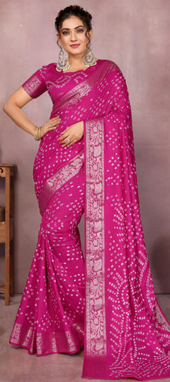Pink and Majenta color Saree in Art Silk fabric with Bandhej, Printed work