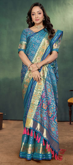 Blue color Saree in Handloom fabric with Printed, Weaving work