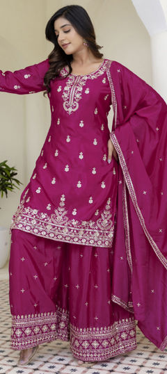 Pink and Majenta color Salwar Kameez in Chinon Silk fabric with Embroidered, Sequence work