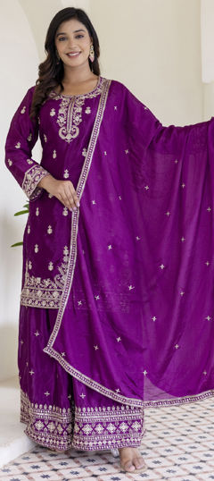 Red and Maroon color Salwar Kameez in Chinon Silk fabric with Embroidered, Sequence work