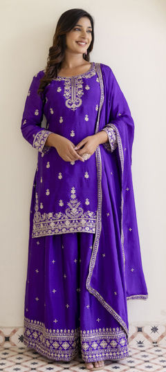 Purple and Violet color Salwar Kameez in Chinon Silk fabric with Embroidered, Sequence work