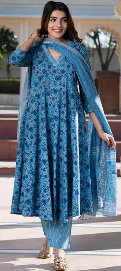 Black and Grey, Blue color Salwar Kameez in Cotton fabric with Floral, Printed work