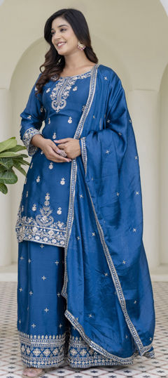 Blue color Salwar Kameez in Chinon Silk fabric with Embroidered, Sequence work