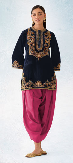 Blue color Salwar Kameez in Velvet fabric with Embroidered, Sequence, Zari work