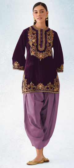 Purple and Violet color Salwar Kameez in Velvet fabric with Embroidered, Sequence, Zari work