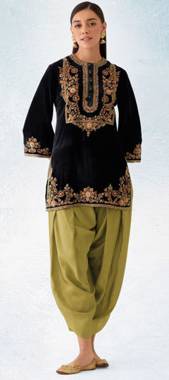 Black and Grey color Salwar Kameez in Velvet fabric with Embroidered, Sequence, Zari work
