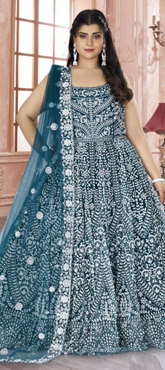 Green color Gown in Net fabric with Cut Dana, Sequence work