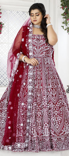 Red and Maroon color Gown in Net fabric with Cut Dana, Sequence work