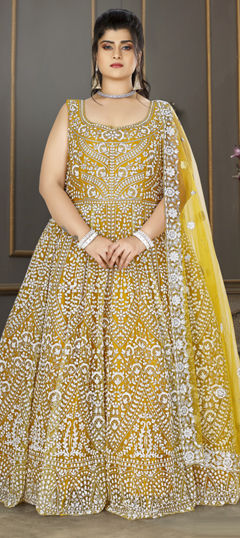 Yellow color Gown in Net fabric with Cut Dana, Sequence work