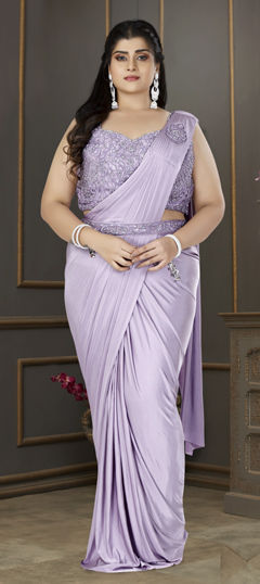 Purple and Violet color Readymade Saree in Satin Silk fabric with Cut Dana, Sequence work