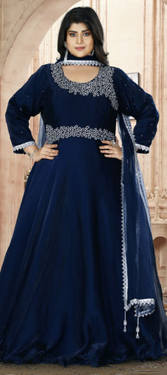 Blue color Gown in Silk fabric with Sequence, Stone work
