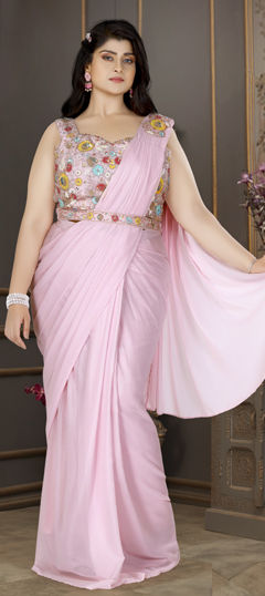 Pink and Majenta color Readymade Saree in Lycra fabric with Sequence, Stone work