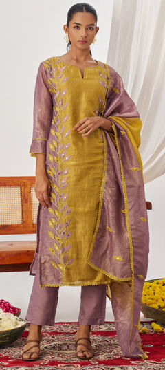 Pink and Majenta, Yellow color Salwar Kameez in Crushed Silk fabric with Bugle Beads, Embroidered, Patch work