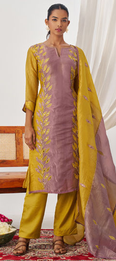 Pink and Majenta, Yellow color Salwar Kameez in Crushed Silk fabric with Bugle Beads, Embroidered, Patch work