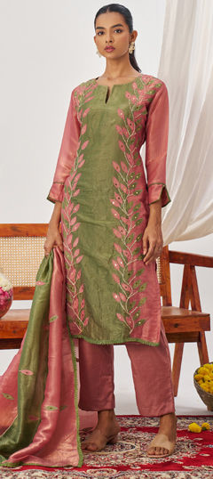 Green, Pink and Majenta color Salwar Kameez in Crushed Silk fabric with Bugle Beads, Embroidered, Patch work