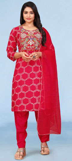 Red and Maroon color Salwar Kameez in Viscose fabric with Bandhej, Bugle Beads, Cut Dana, Embroidered, Printed, Stone work