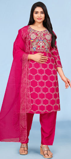Pink and Majenta color Salwar Kameez in Viscose fabric with Bandhej, Bugle Beads, Cut Dana, Embroidered, Printed, Stone work