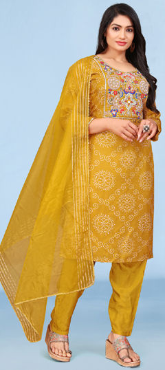 Yellow color Salwar Kameez in Viscose fabric with Bandhej, Bugle Beads, Cut Dana, Embroidered, Printed, Stone work