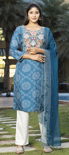 Blue color Salwar Kameez in Viscose fabric with Bandhej, Bugle Beads, Cut Dana, Printed, Stone work