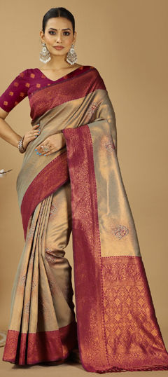 Beige and Brown, Red and Maroon color Saree in Handloom fabric with Weaving work