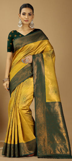 Green, Yellow color Saree in Handloom fabric with Weaving work