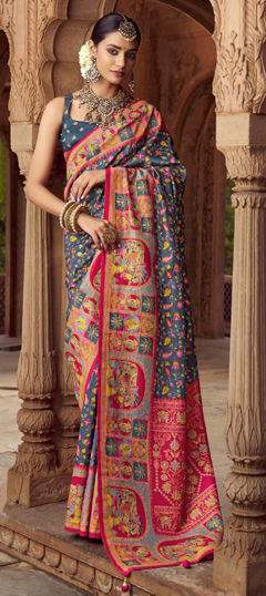 Black and Grey color Saree in Silk fabric with Weaving work
