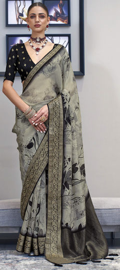 Black and Grey color Saree in Silk fabric with Printed, Weaving work
