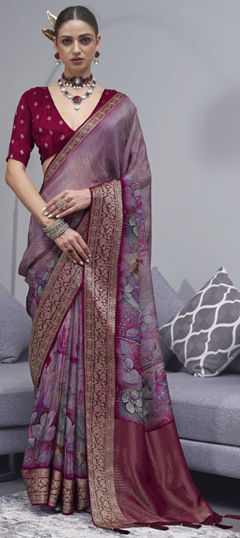Purple and Violet color Saree in Silk fabric with Printed, Weaving work