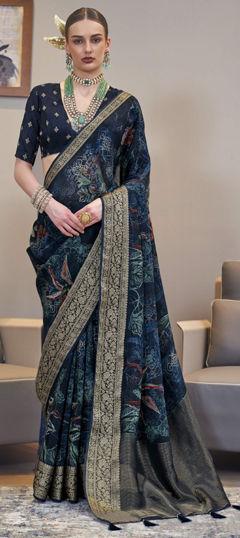 Blue color Saree in Silk fabric with Printed, Weaving work