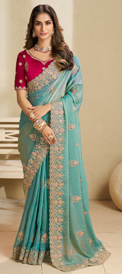 Green color Saree in Crushed Silk fabric with Embroidered, Sequence, Thread, Zari work