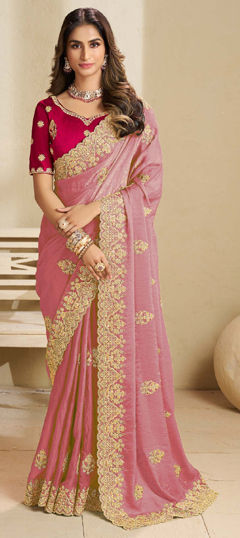 Pink and Majenta color Saree in Crushed Silk fabric with Embroidered, Sequence, Thread, Zari work