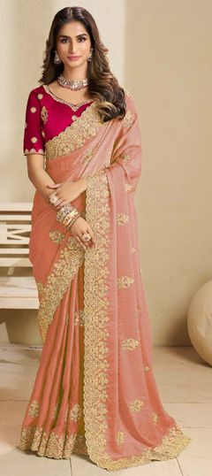 Pink and Majenta color Saree in Crushed Silk fabric with Embroidered, Sequence, Thread, Zari work