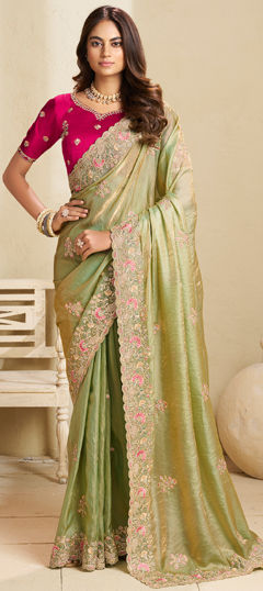 Green color Saree in Crushed Silk fabric with Embroidered, Stone, Thread, Zari work