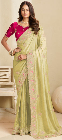 Green color Saree in Crushed Silk fabric with Embroidered, Stone, Thread, Zari work