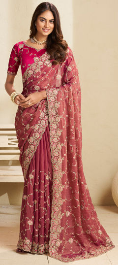 Pink and Majenta color Saree in Crushed Silk fabric with Embroidered, Resham, Stone, Thread, Zari work
