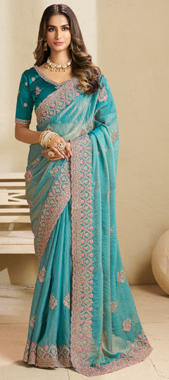 Green color Saree in Crepe Silk fabric with Embroidered, Resham, Stone, Thread, Zari work