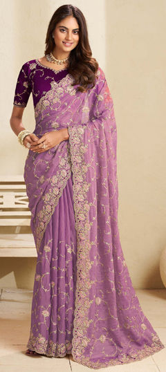 Purple and Violet color Saree in Crushed Silk fabric with Embroidered, Resham, Stone, Thread, Zari work