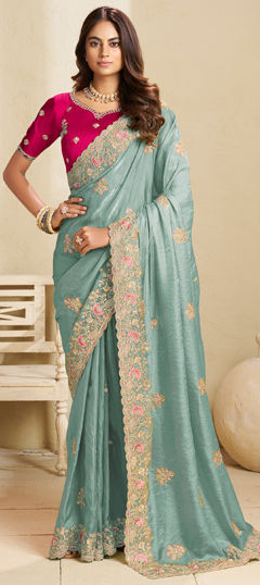 Blue color Saree in Crushed Silk fabric with Embroidered, Stone, Thread, Zari work