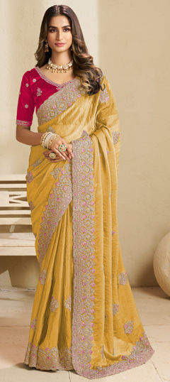 Yellow color Saree in Crepe Silk fabric with Embroidered, Resham, Stone, Thread, Zari work
