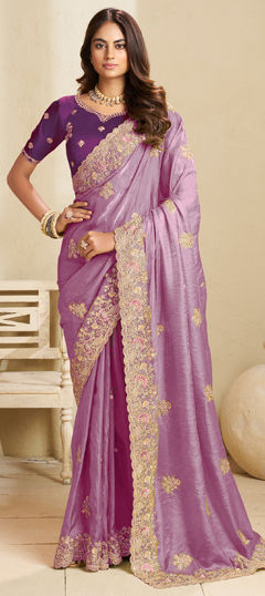 Purple and Violet color Saree in Crushed Silk fabric with Embroidered, Stone, Thread, Zari work