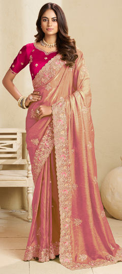 Orange color Saree in Crushed Silk fabric with Embroidered, Stone, Thread, Zari work