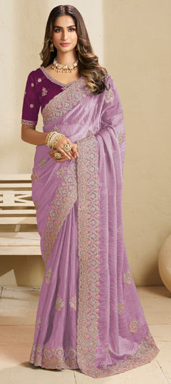 Purple and Violet color Saree in Crepe Silk fabric with Embroidered, Resham, Stone, Thread, Zari work
