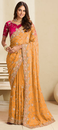 Yellow color Saree in Crushed Silk fabric with Embroidered, Resham, Stone, Thread, Zari work