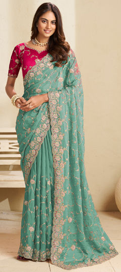 Green color Saree in Crushed Silk fabric with Embroidered, Resham, Stone, Thread, Zari work
