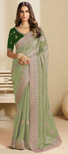 Green color Saree in Crepe Silk fabric with Embroidered, Resham, Stone, Thread, Zari work